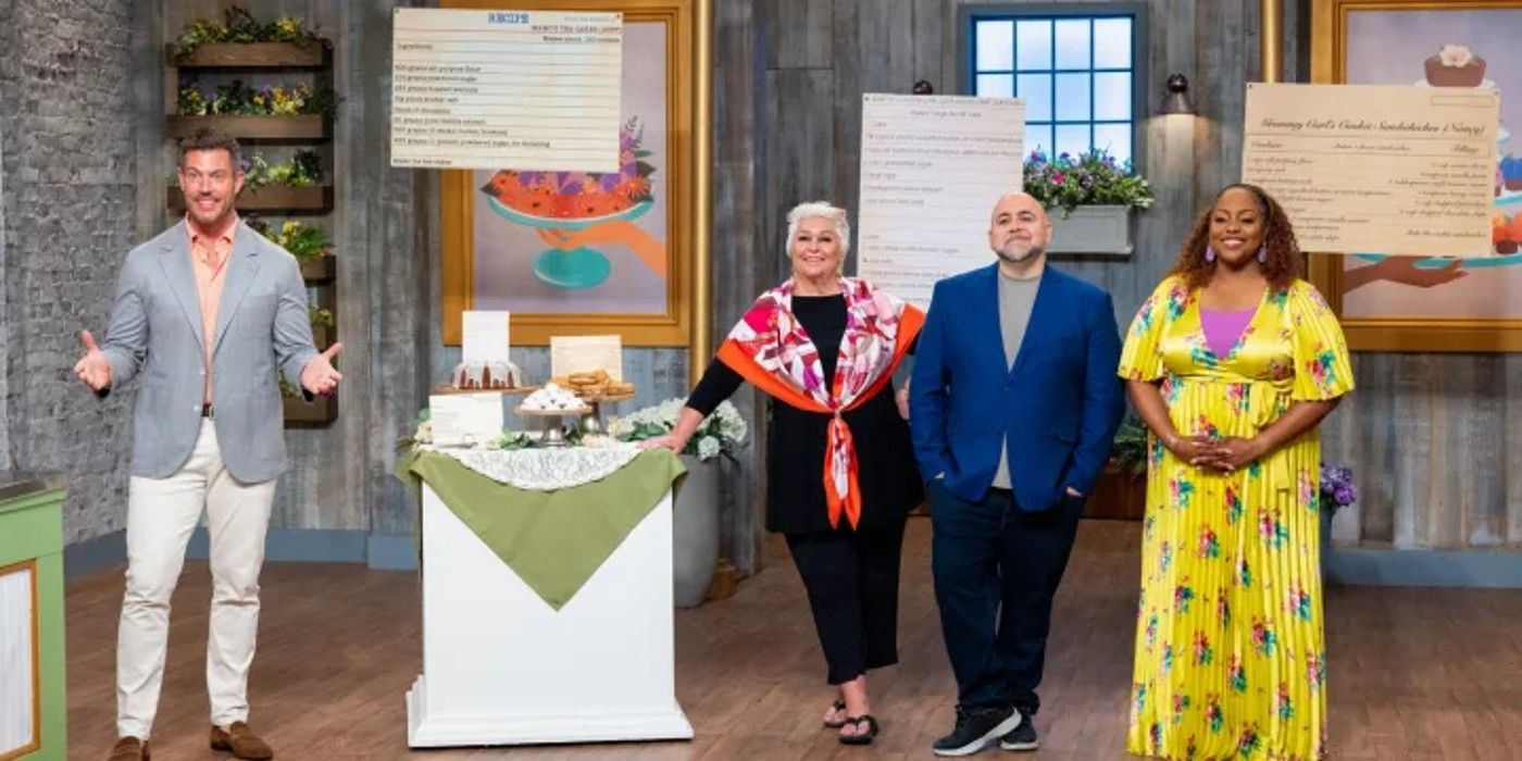 Apresentador do Spring Baking Championship e jurados no set - Jesse Palmer, Nancy Fuller, Duff Goldman e Kardea Brown