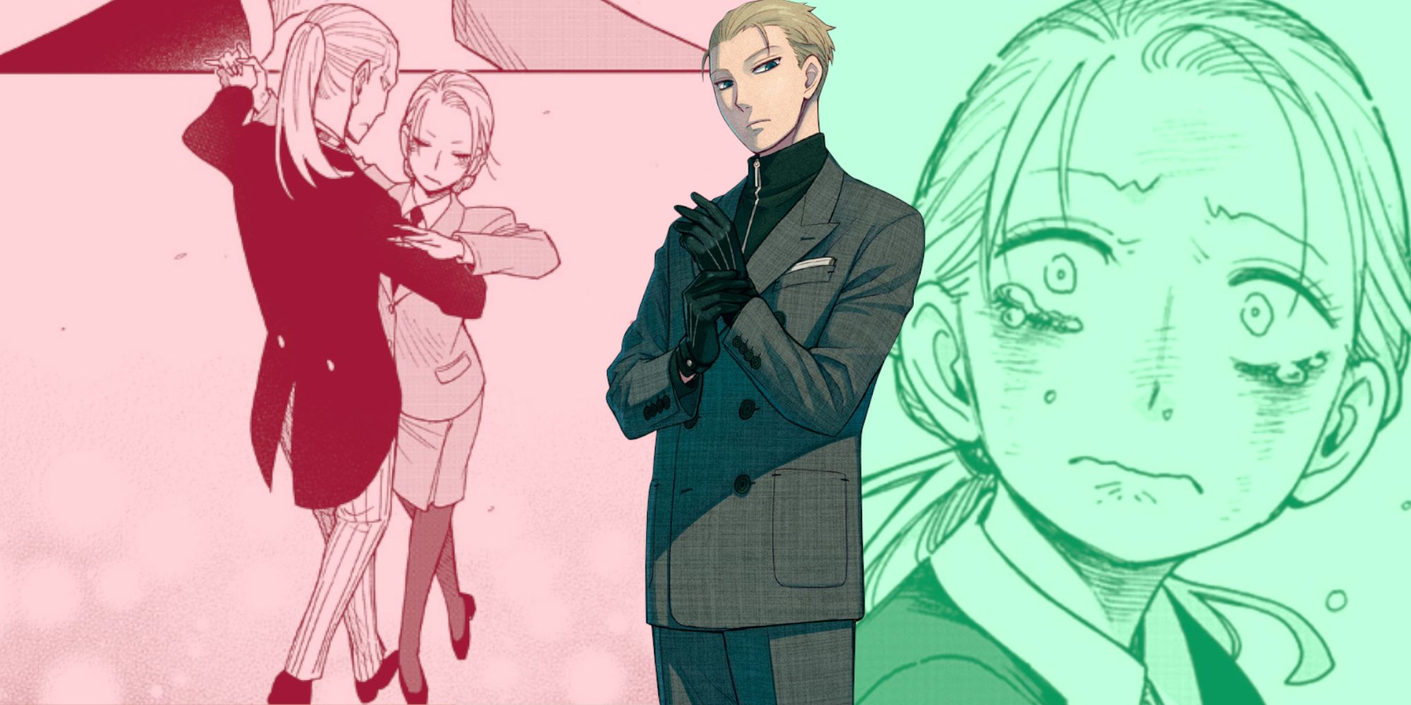 A collage style image depicting Loid from the anime adaptation of Spy x Family standing in front of two manga panels from Spy x Family.