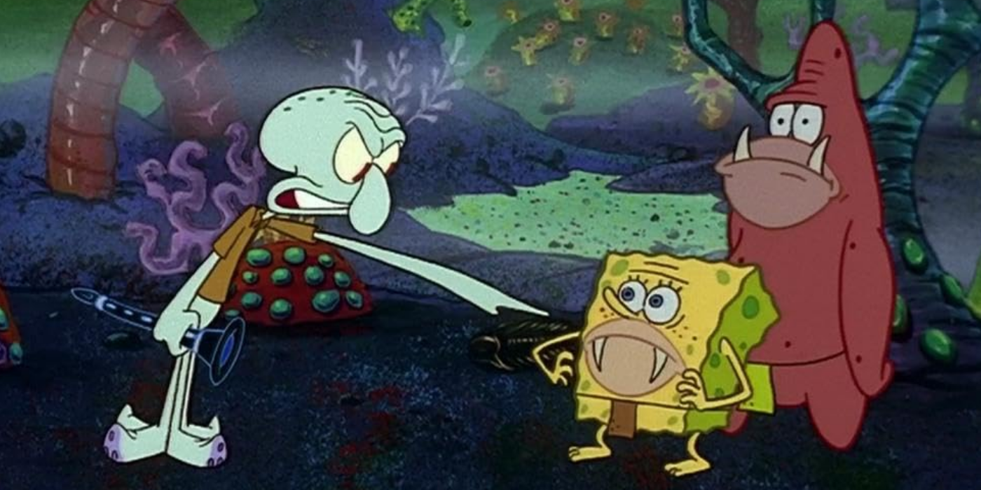 Squidward screams with rock age Spongebob and Patrick