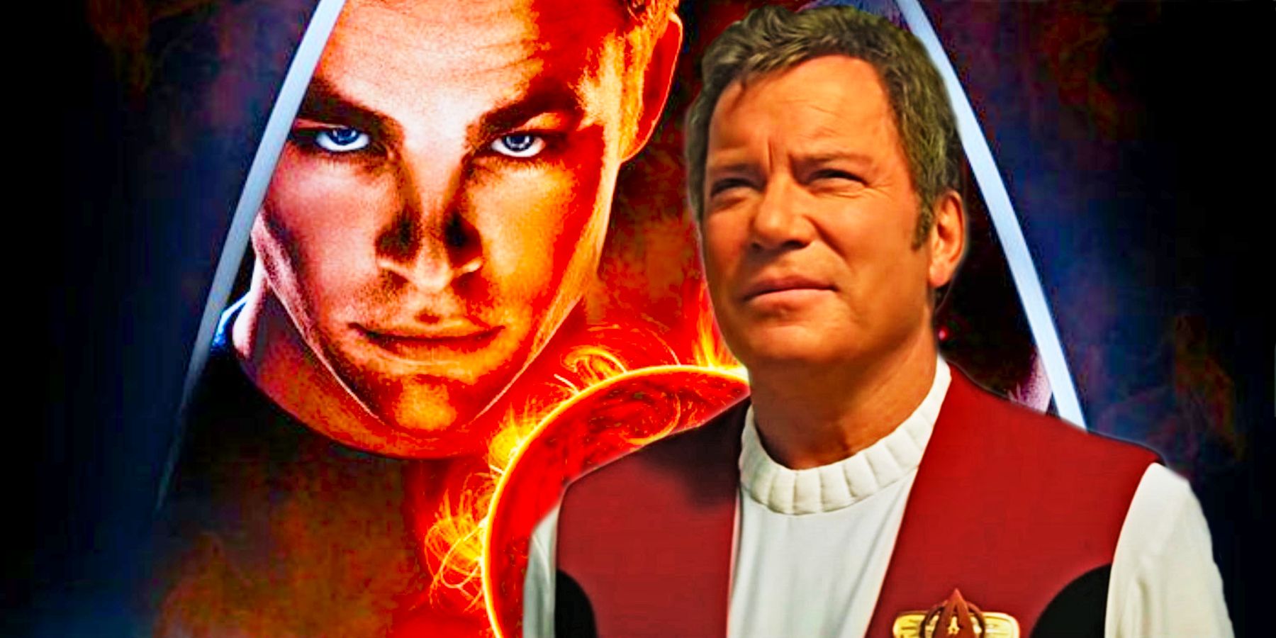 Chris Pine and William Shatner as young and old Kirk in Star Trek