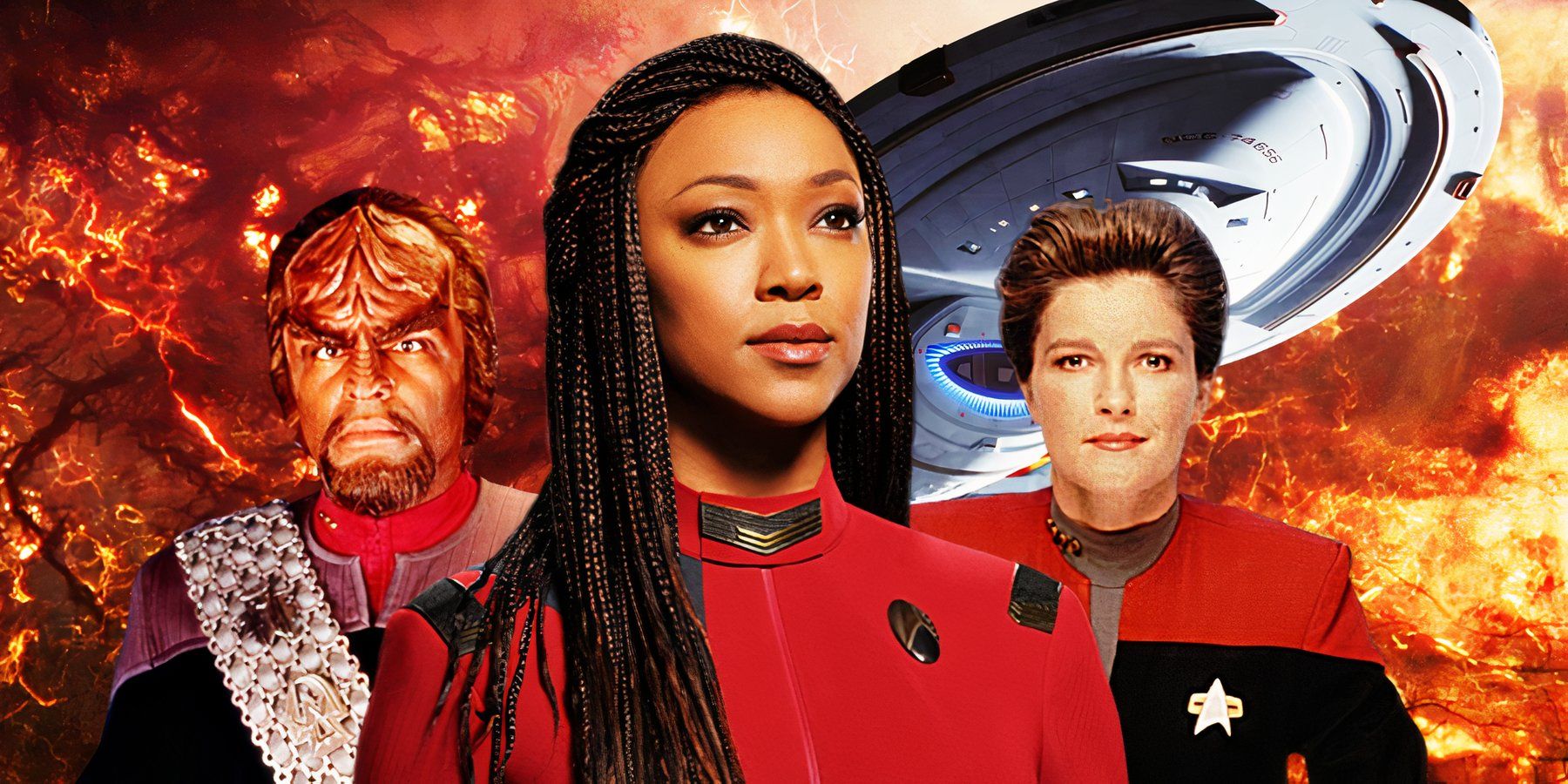 Michael Dorn as Worf, Sonequa Martin-Green as Burnham, and Kate Mulgrew as Janeway in Star Trek