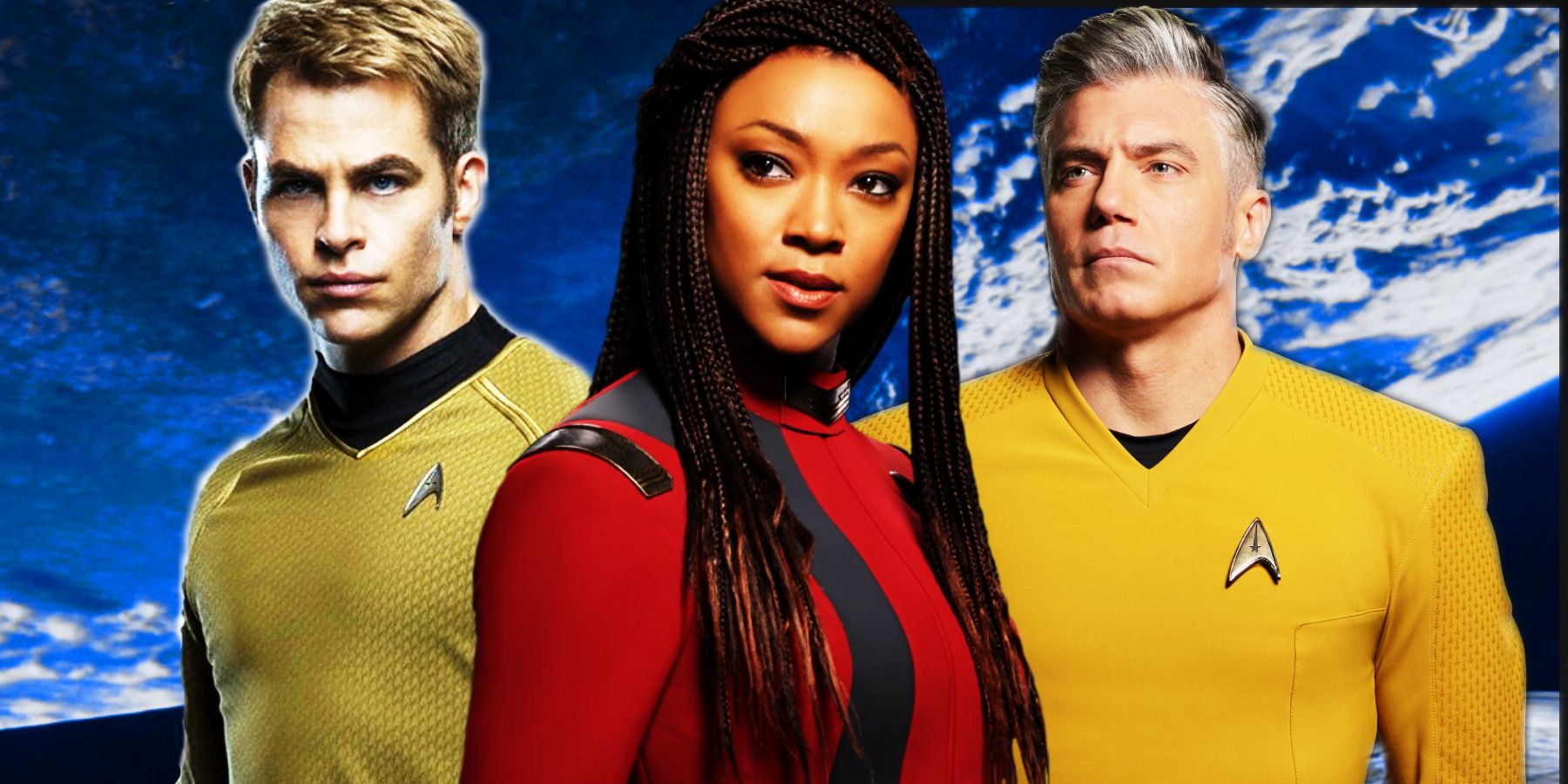 Captains Kirk, Burnham and Pike from Star Trek