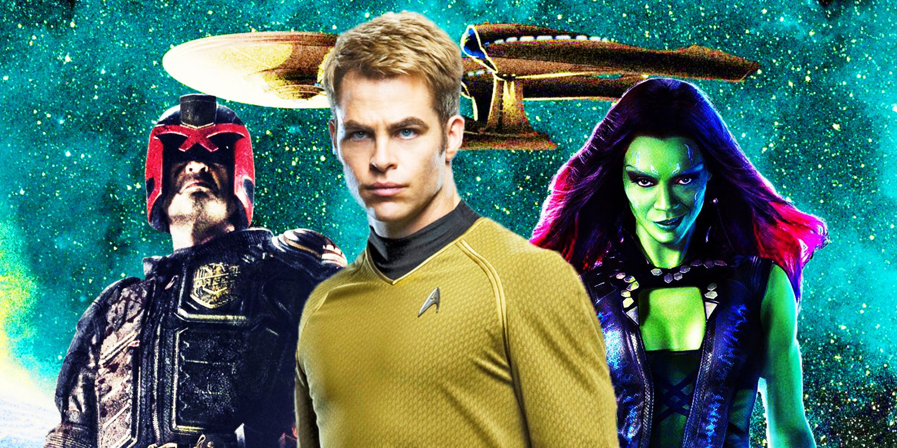 Karl Urban as Judge Dredd, Chris Pine as Captain Kirk, Zoe Saldana as Gamora