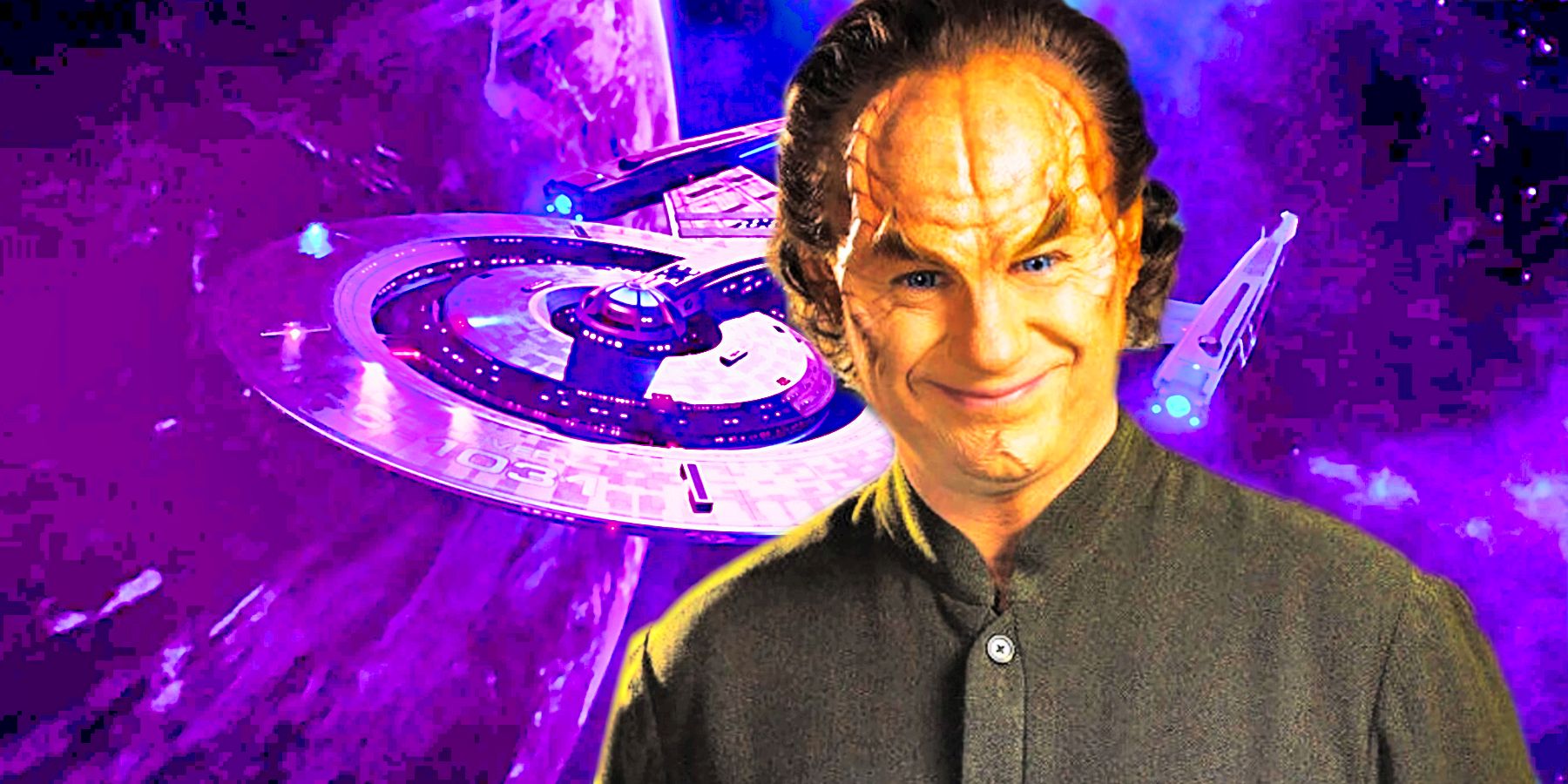John Billingsley as Dr. Phlox and the USS Discovery from Star Trek