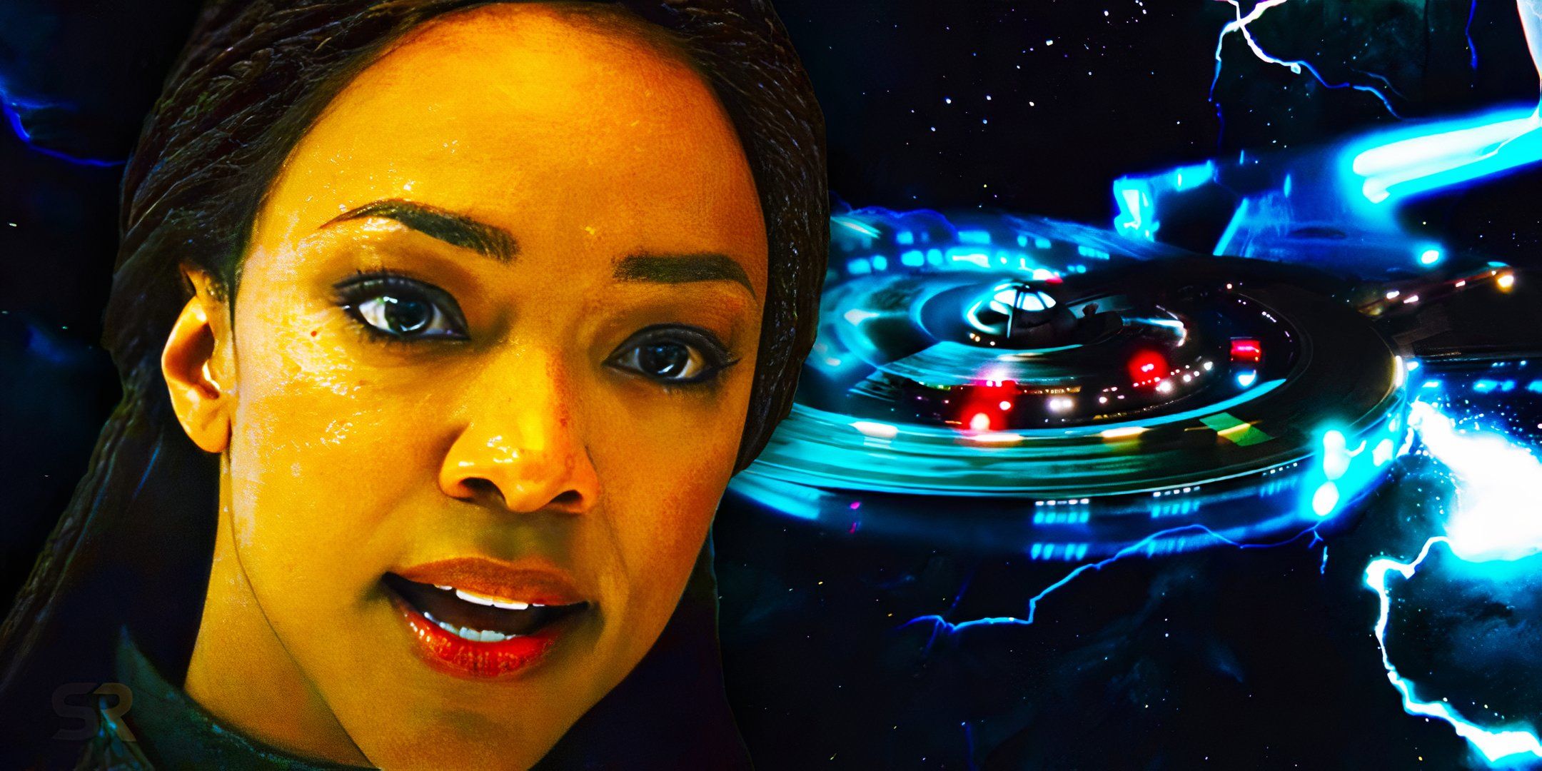 Captain Michael Burnham giving an order and the USS Discovery making a spore jump.