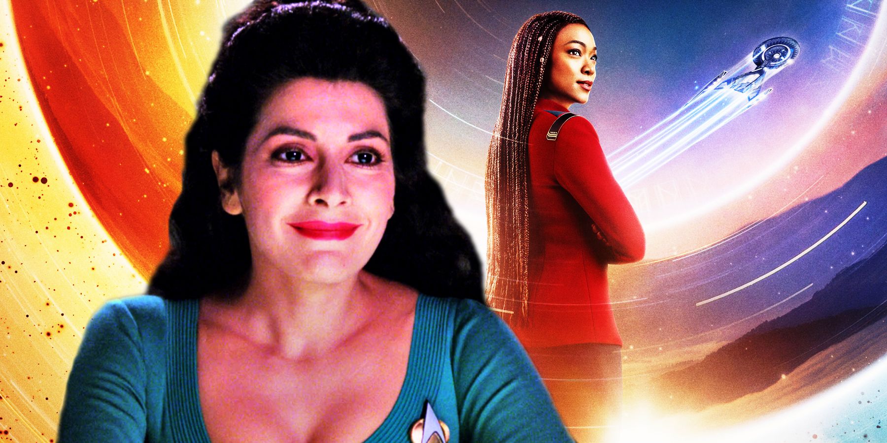 Troi smiling while Michael Burnham stands with her back to the camera, the USS Discovery in flight in the background