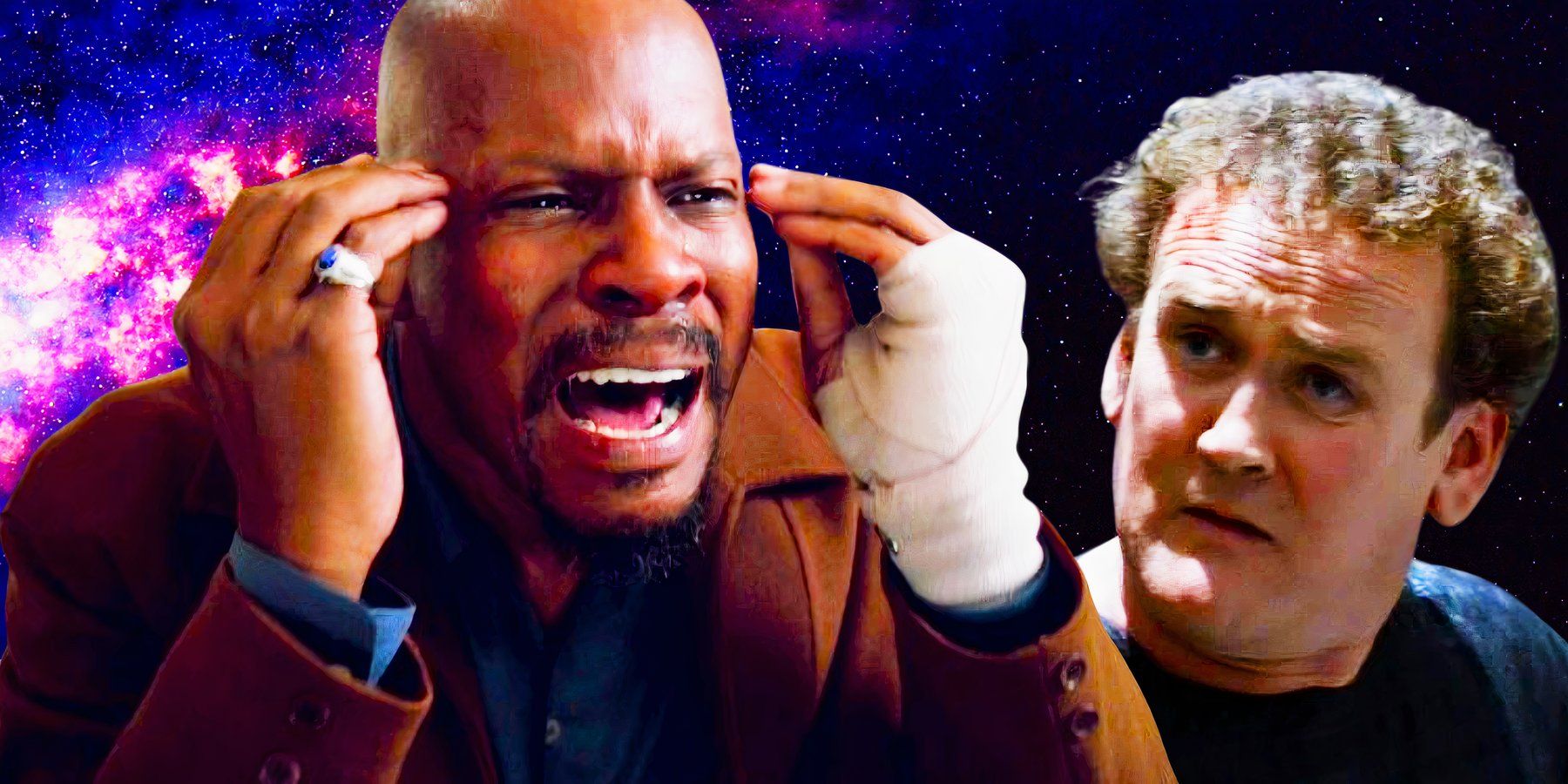 Avery Brooks as Benni Russell and Colm Meaney as Chief O'Brien, both looking distraught in Star Trek: DS9