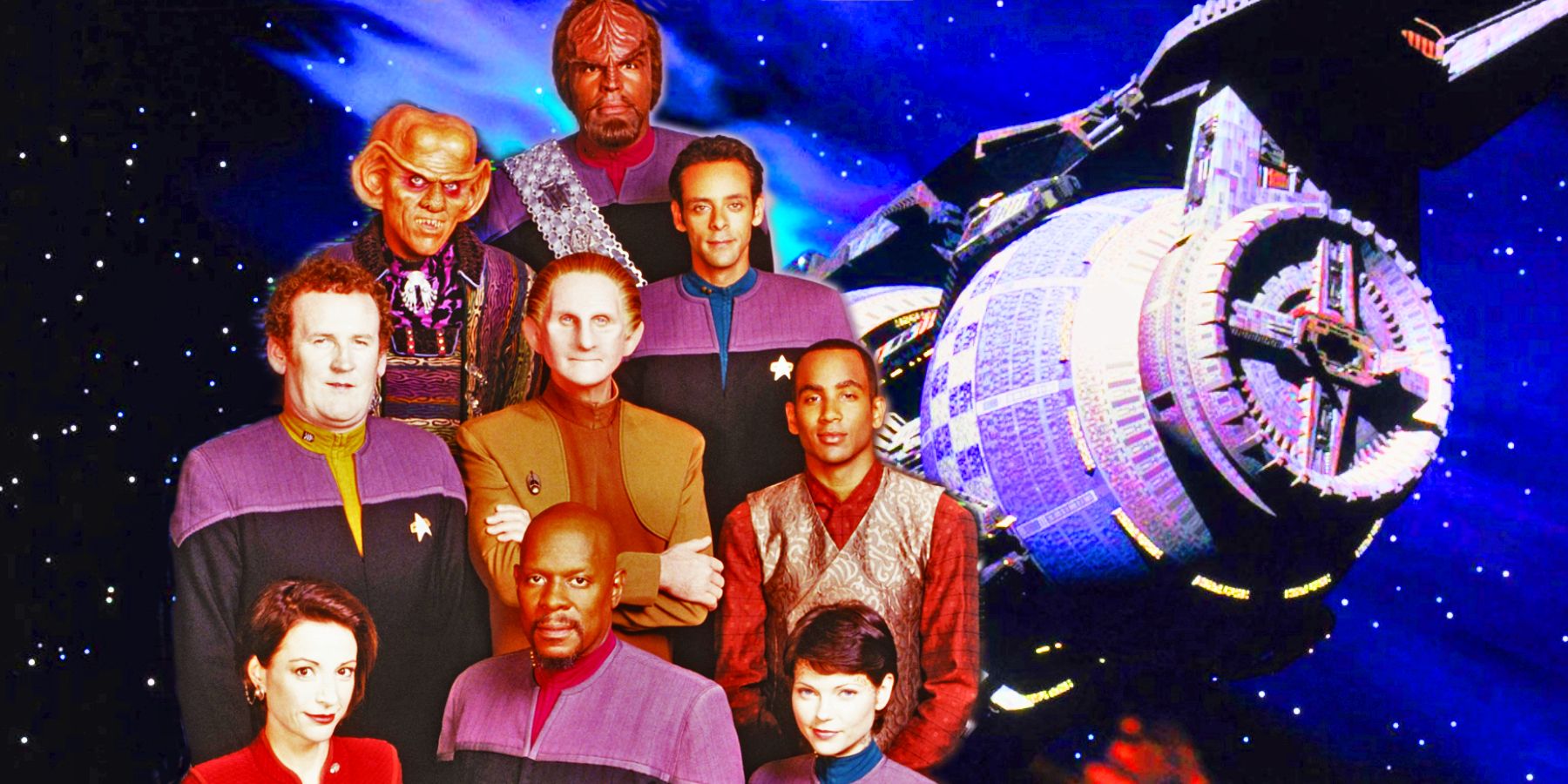 The cast of Star Trek: Deep Space Nine and the Babylon 5 space station