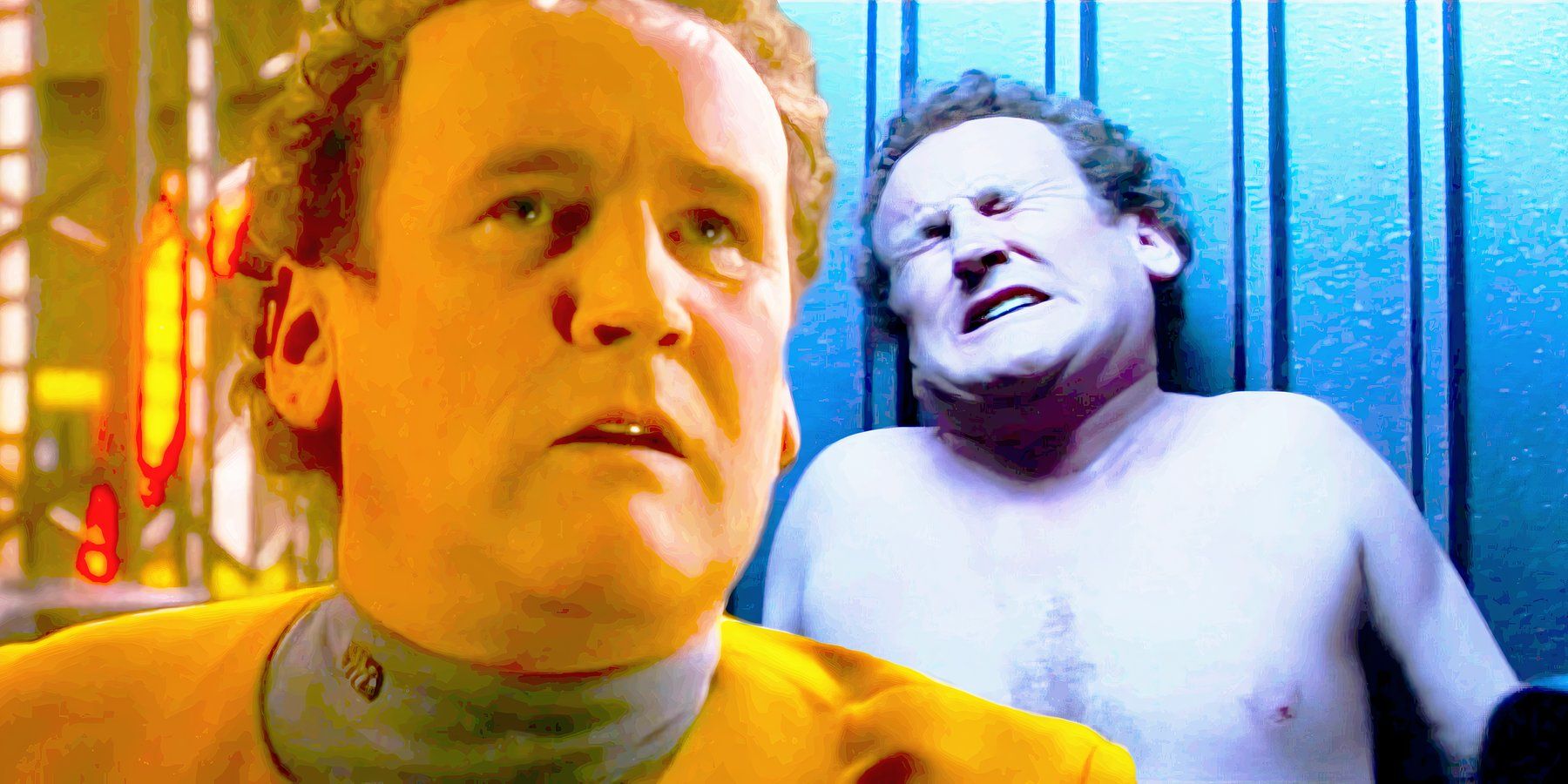 Composite image of O'Brien looking tearful and O'Brien getting beaten up with his shirt off in Star Trek: DS9