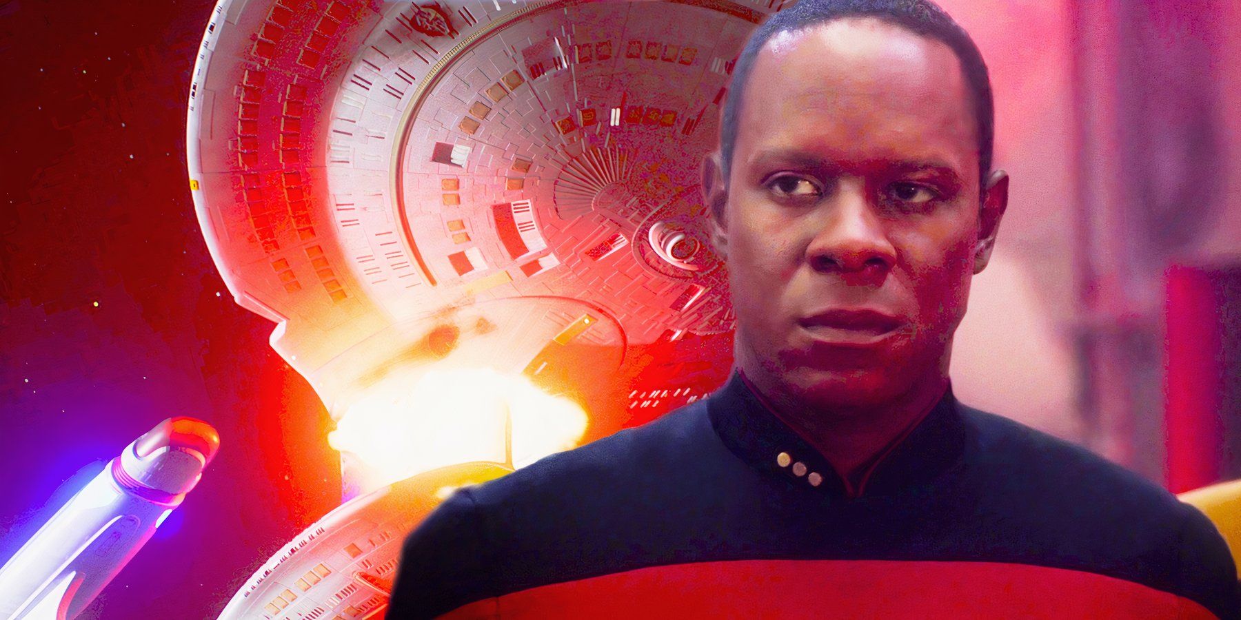 The USS Odyssey explodes as Commander Sisko looks on in Star Trek: DS9