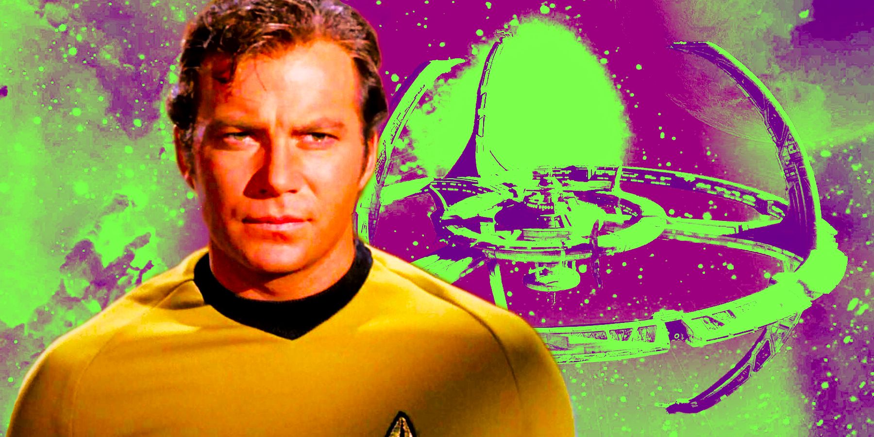 William Shatner as Captain Kirk with Deep Space Nine as a backdrop