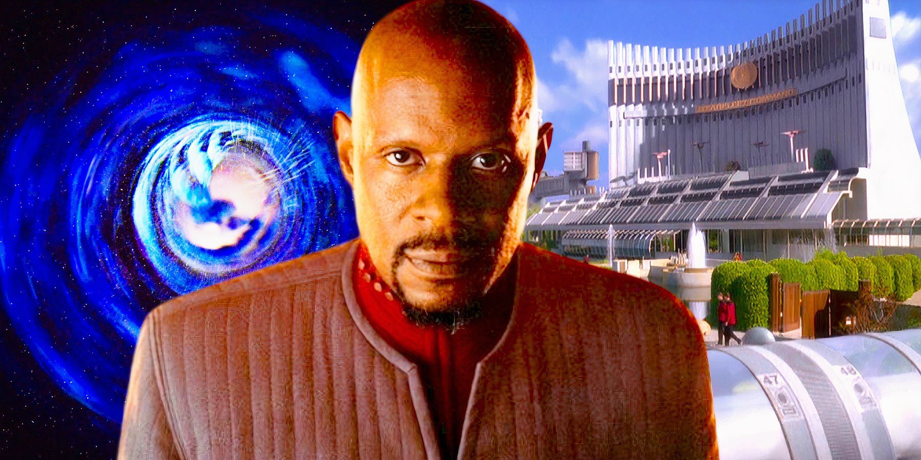 An image of Captain Sisko standing between the wormhole and Starfleet Headquarters