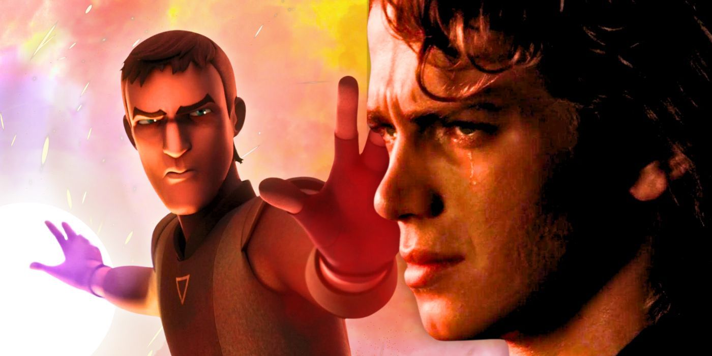 Kanan Jarrus to the left holding back fire in Star Wars Rebels and Anakin Skywalker to the right with tears in his eyes in a combined image