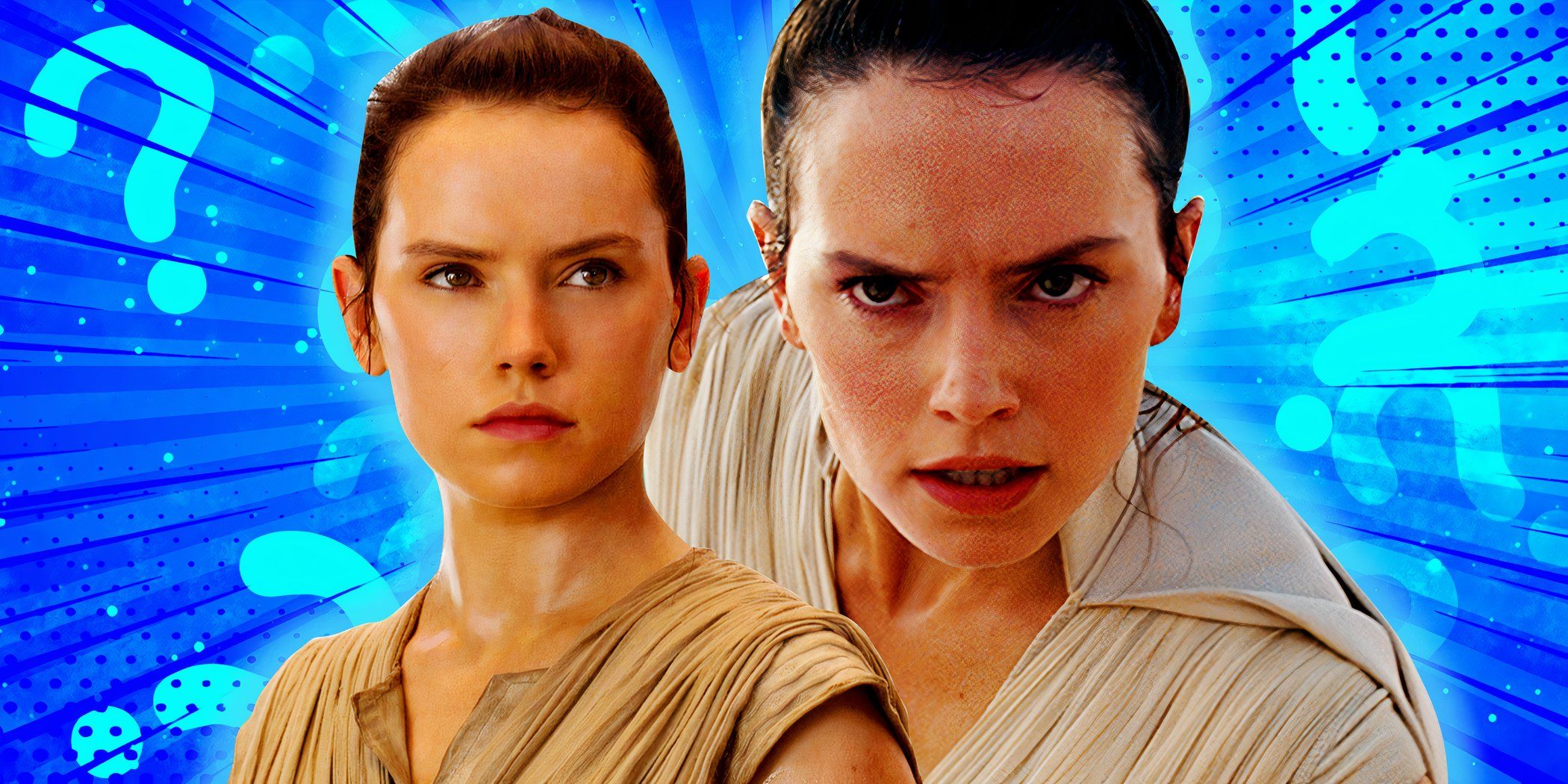 Rey Skywalker (Daisy Ridley) in Star Wars: The Force Awakens and Star Wars: The Rise of Skywalker in front of a blue background with question marks.