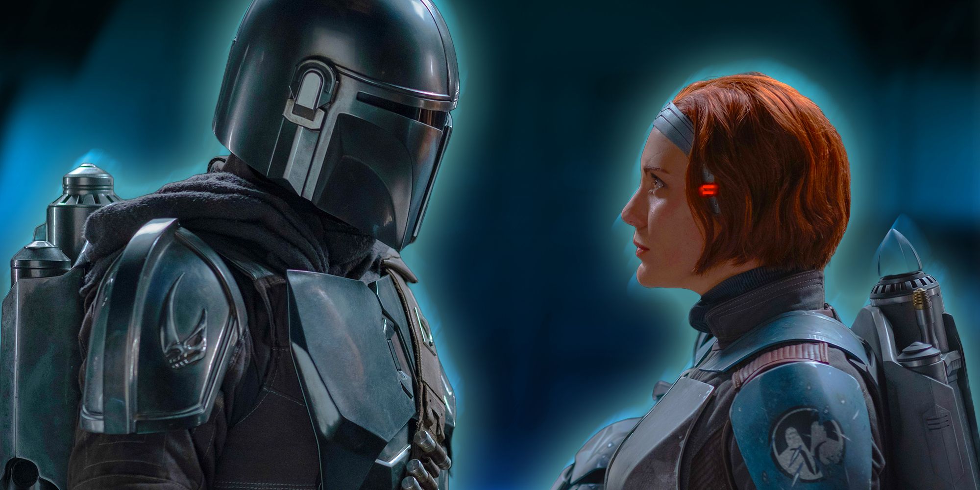 Din Djarin and Bo-Katan Kryze face each other on an Imperial vessel