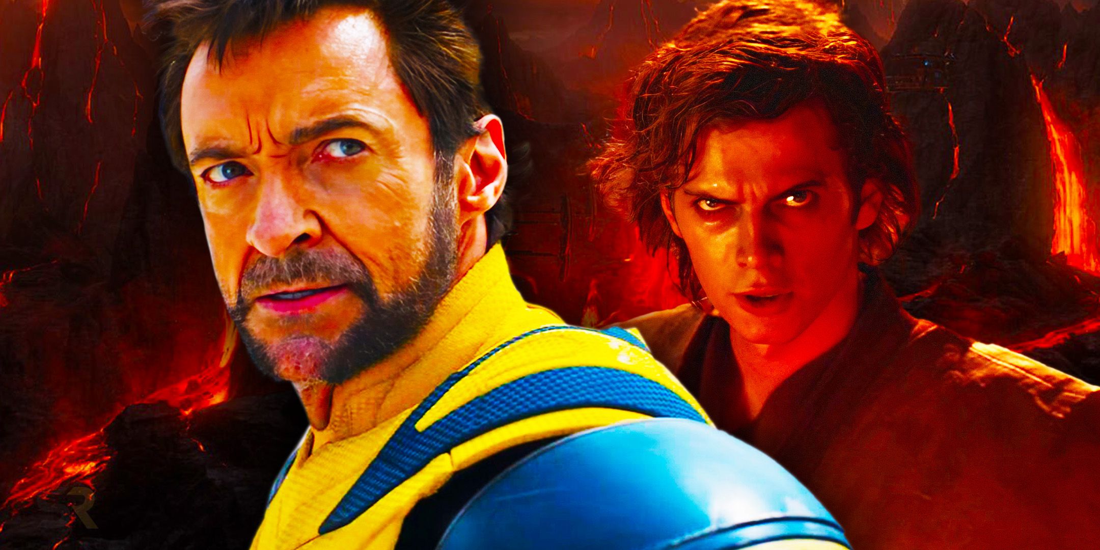 Hugh Jackman as Wolverine to the left and Anakin Skywalker on Mustafar to the right in a combined image