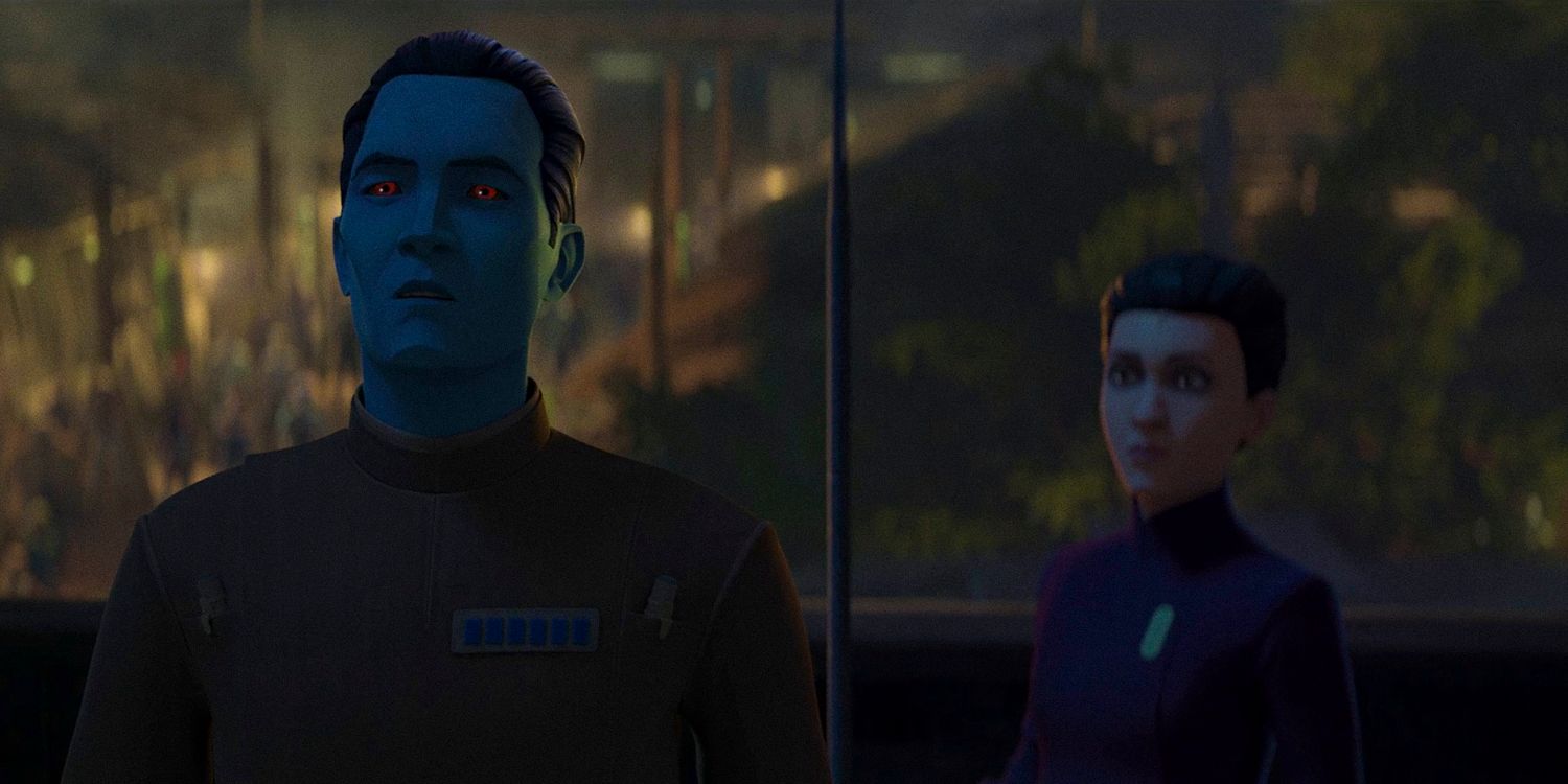 O Grande Almirante Thrawn, com Morgan Elsbeth atrás dele, olha atentamente na 1ª temporada de Star Wars: Tales of the Empire
