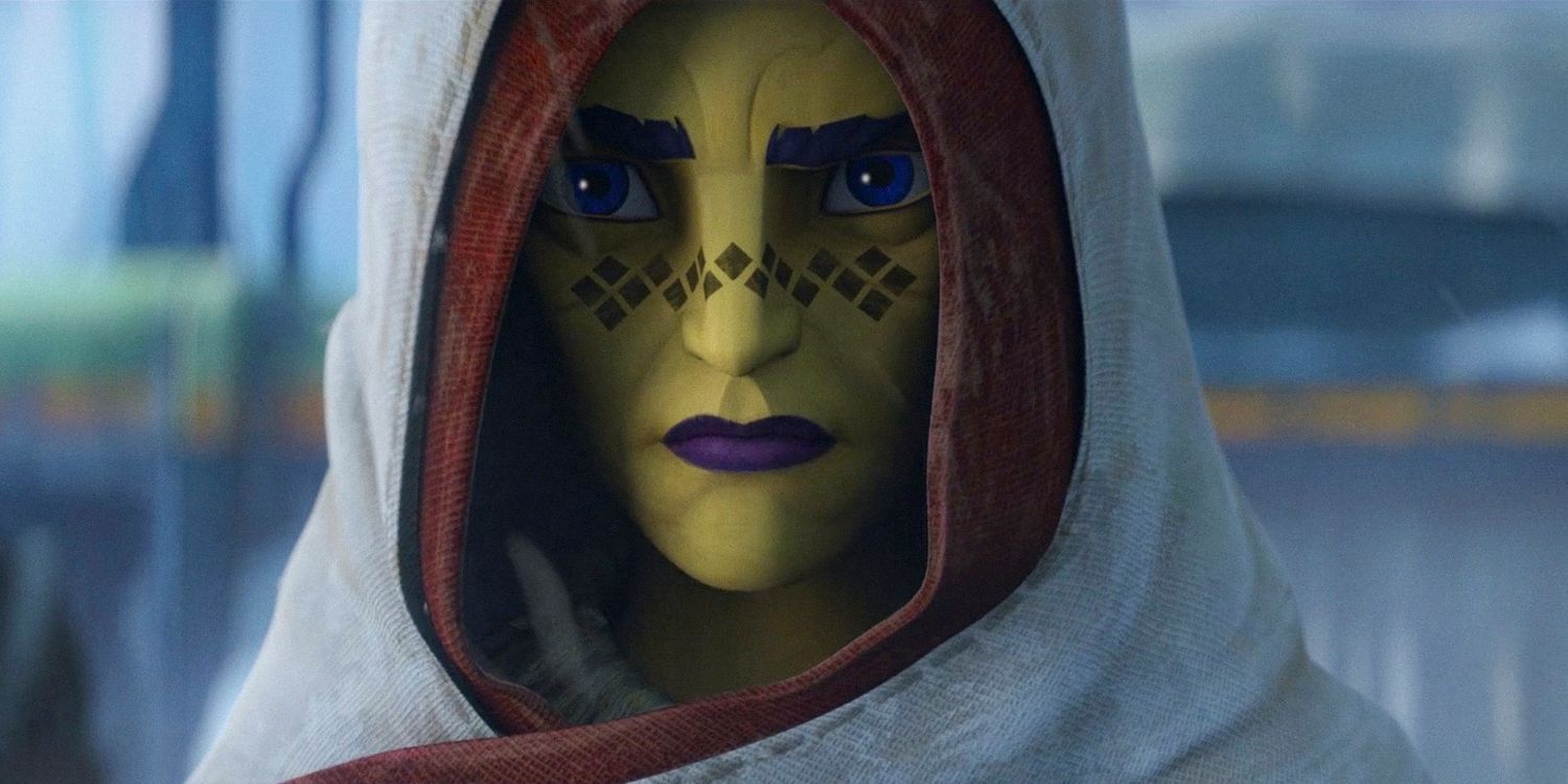 Barriss Offee with a furrowed brow and covered with a hood in Star Wars: Tales of the Empire season 1