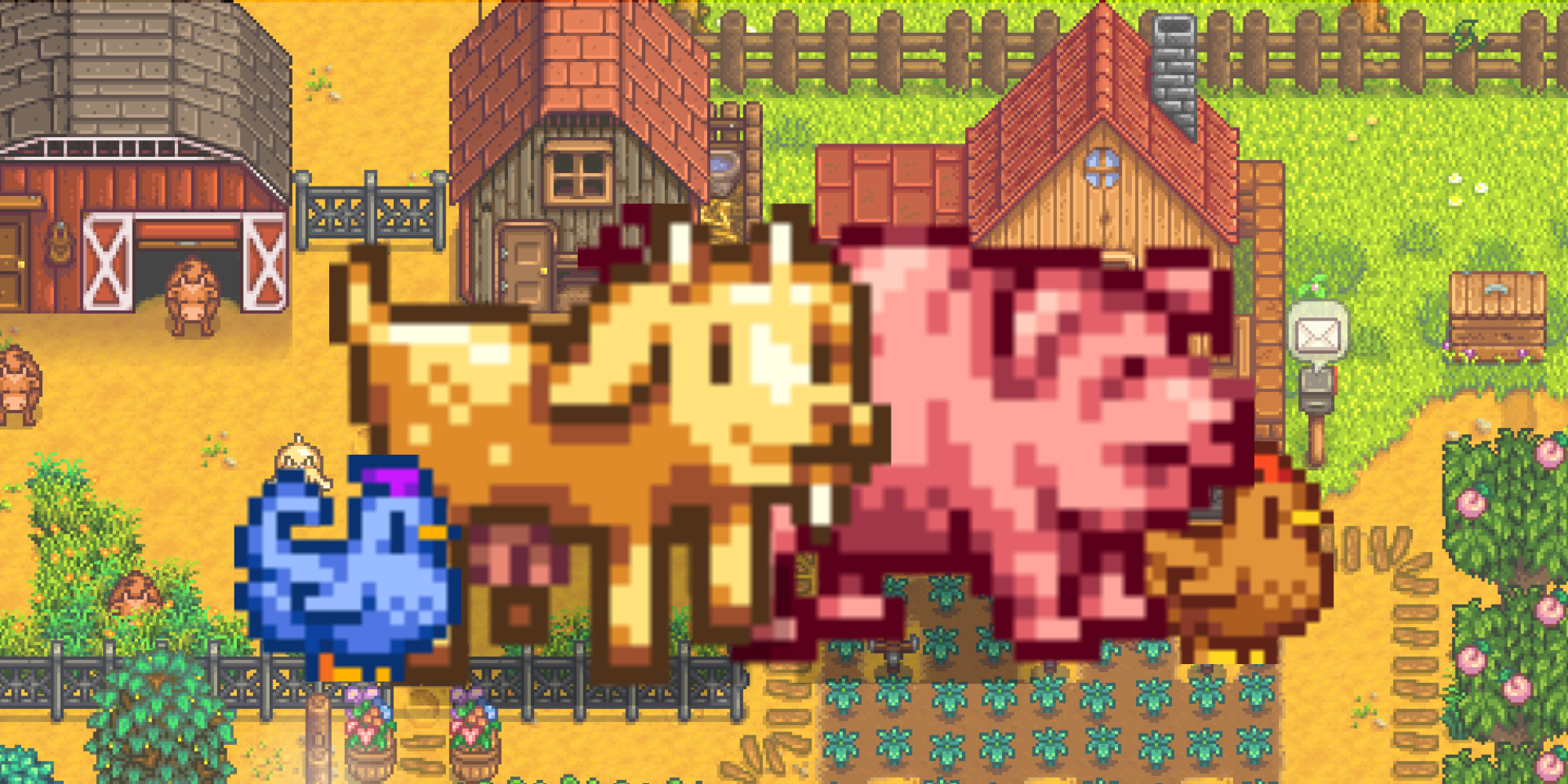 A blue chicken, a goat, a pig, and a brown chicken in Stardew Valley