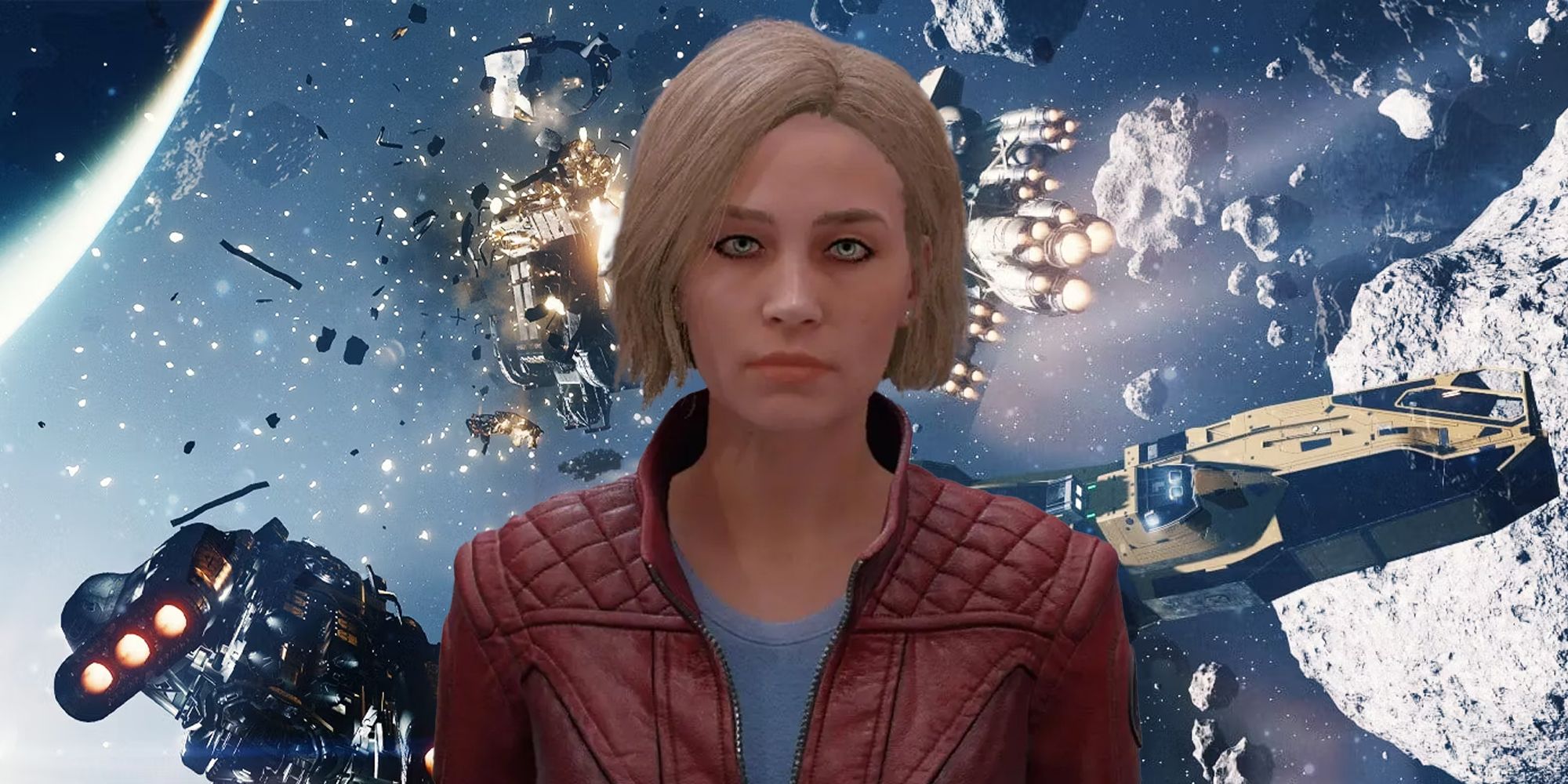 Sarah Morgan looking sad with a space battle behind her