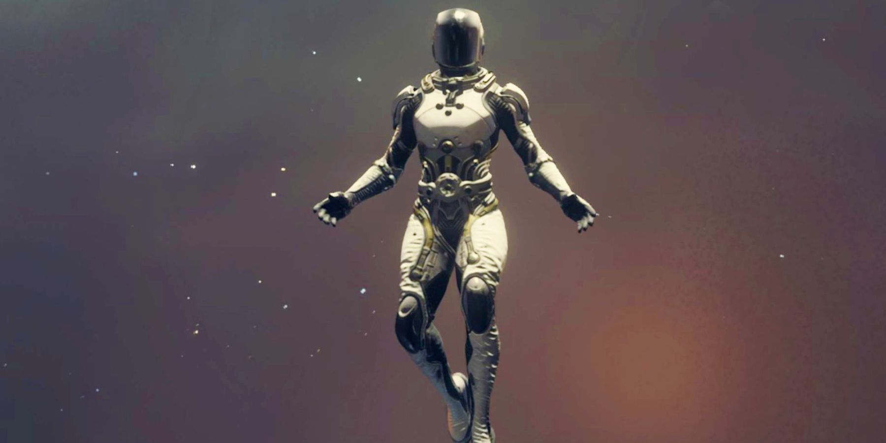 Um personagem Starfield com armadura Starborn flutuando na frente de um campo de estrelas.