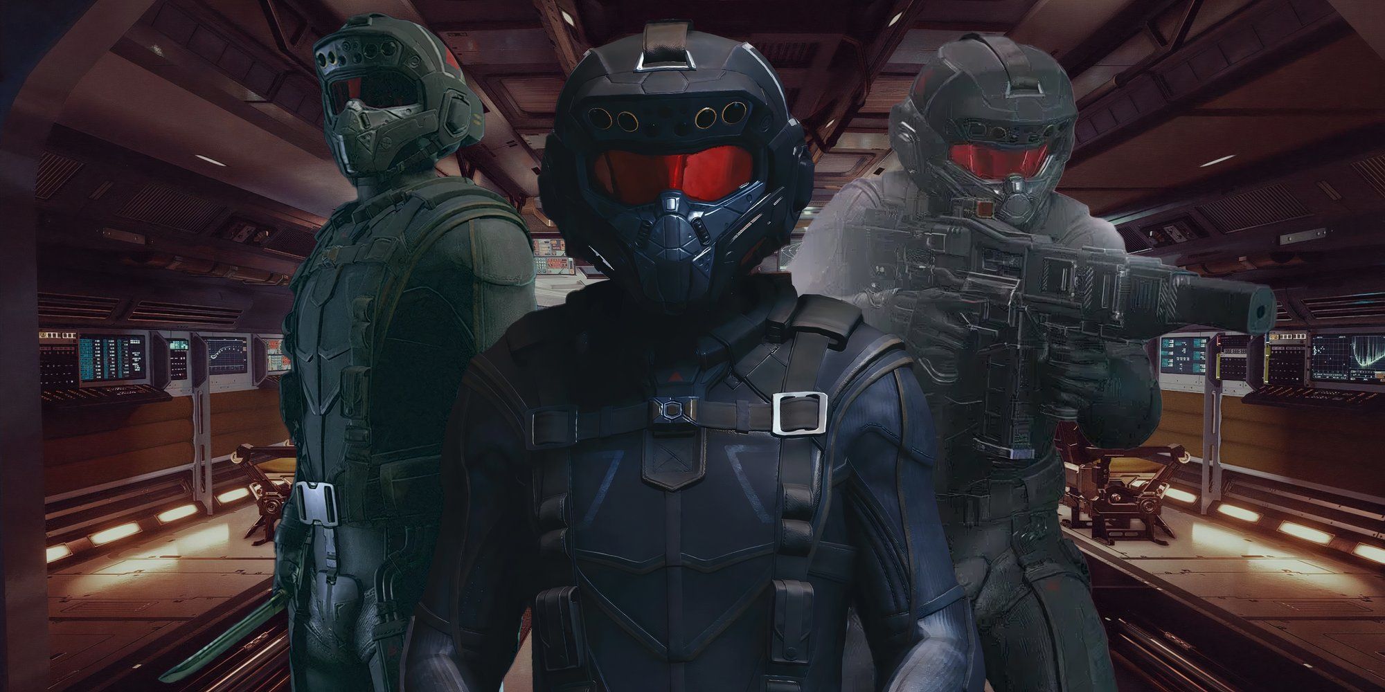 Starfield's Stealth Operative Suit with a knife, a gun and unarmed looking into the camera on a spaceship