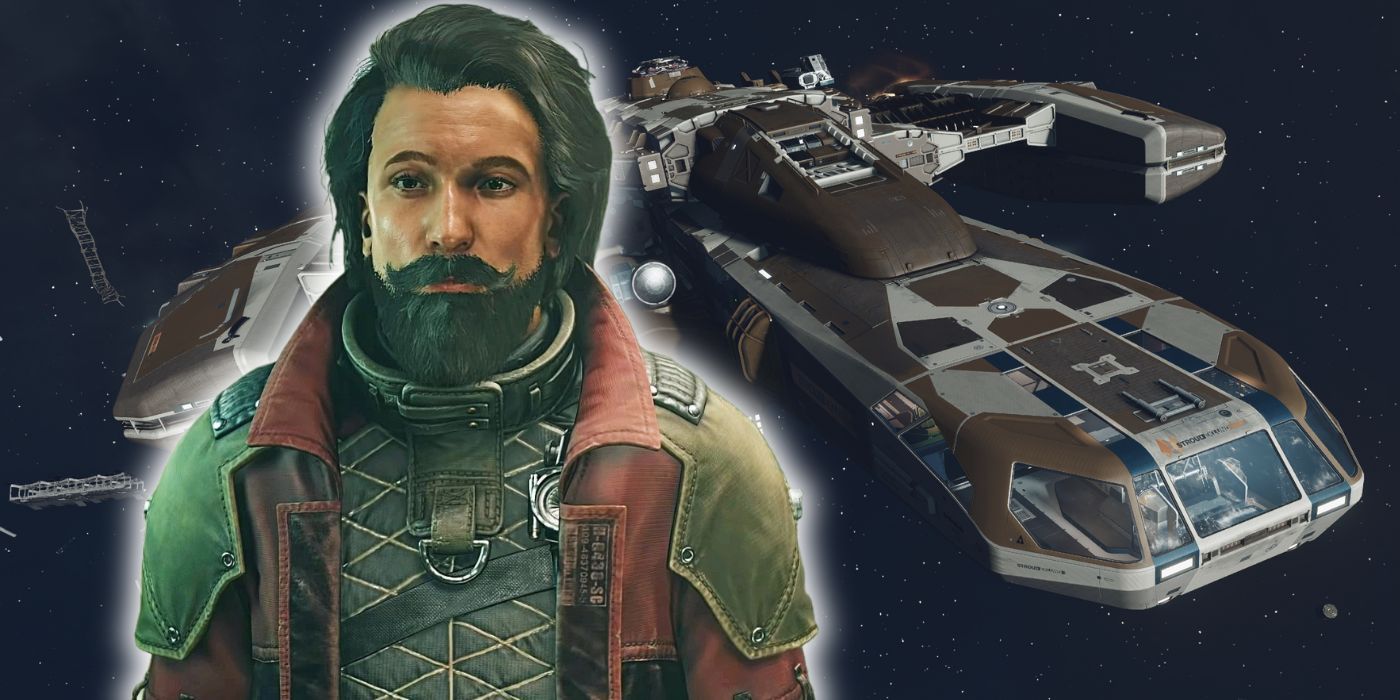 A Starfield NPC with a beard alongside a combat star ship