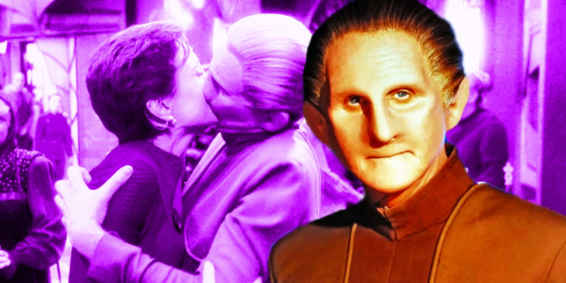 Kira and Odo kissing in DS9, and a promotional shot of Rene Auberjonois as Odo