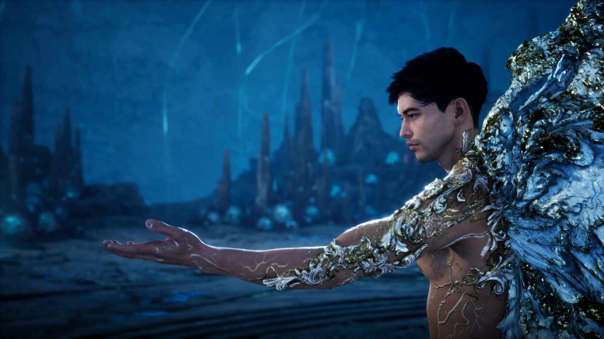 Adam oferece a mão para Eva em uma paisagem azul.  Seu lado esquerdo tem estranhas marcas azuis e brancas.