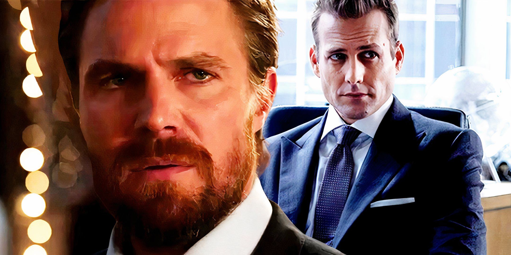 Stephen Amell as Oliver Queen in the Arrow and Gabriel Macht as Harvey in Suits