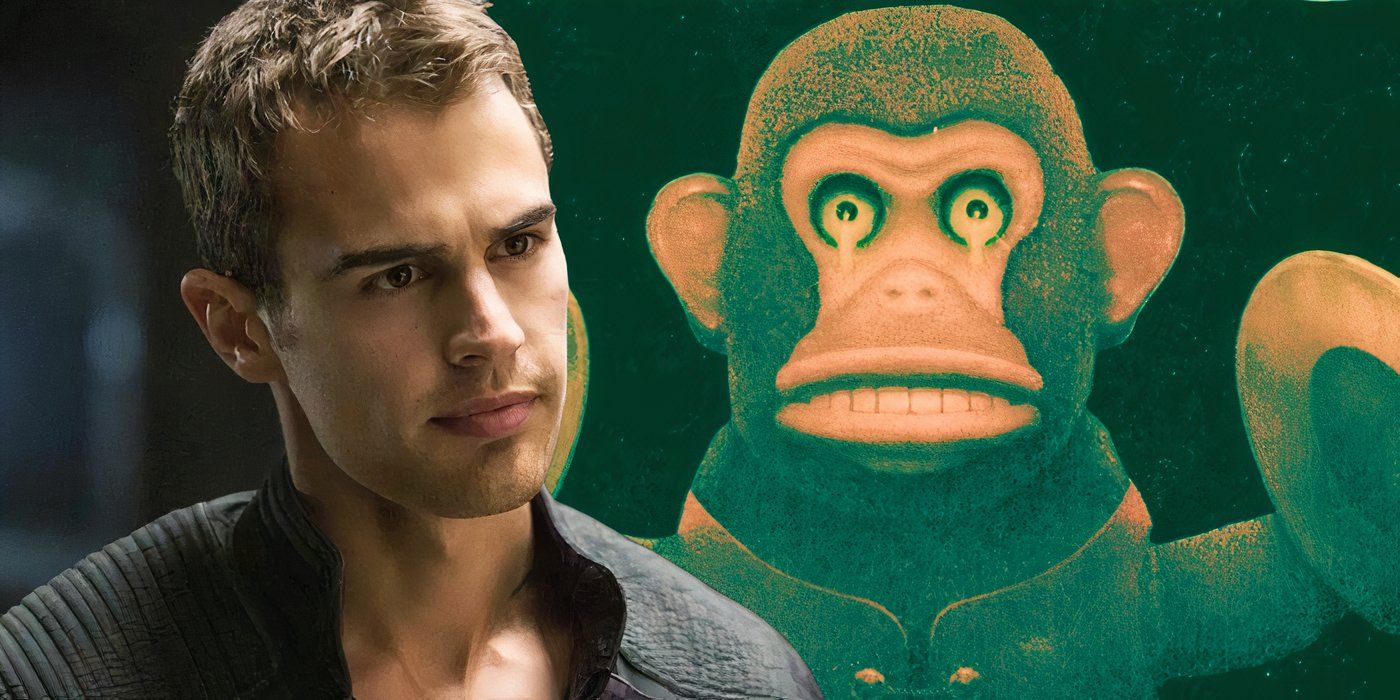 Uma imagem composta de Theo James olhando com um macaco de címbalos da capa do Skeleton Crew de Stephen King