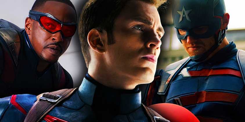 Collage of Steve Rogers, Sam Wilson and John Walker's Captain Americas in the MCU