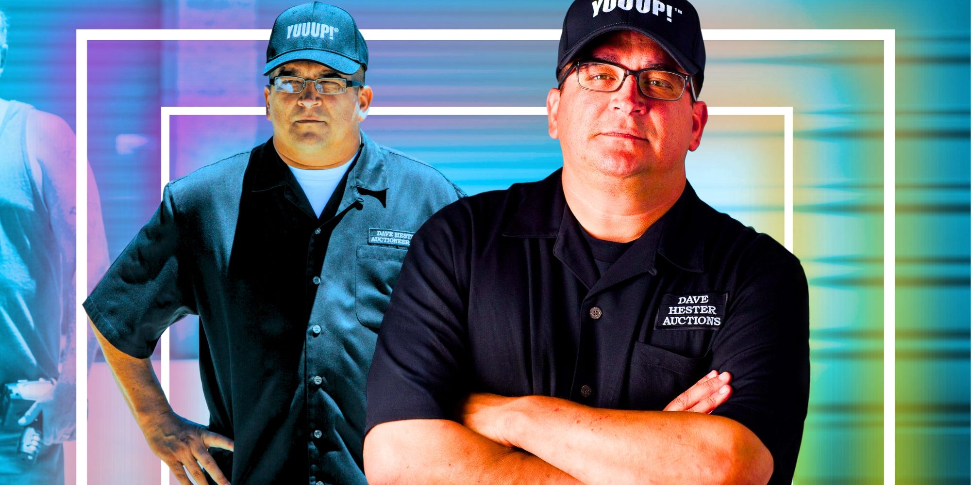 storage wars star dave hester in montage featuring two photos of him looking serious and a blue and yellow background