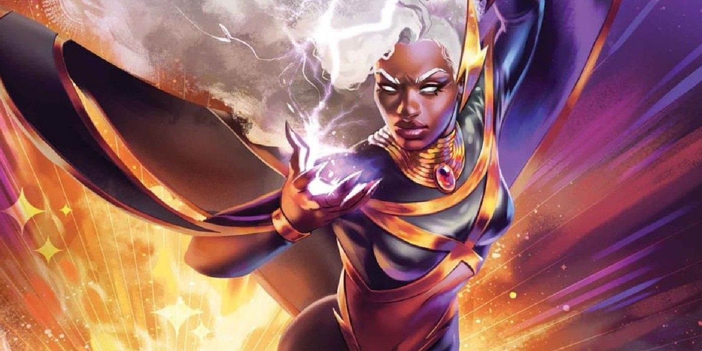 Storm leaping away from an explosion as she conjures lighting in the palm of her hand.