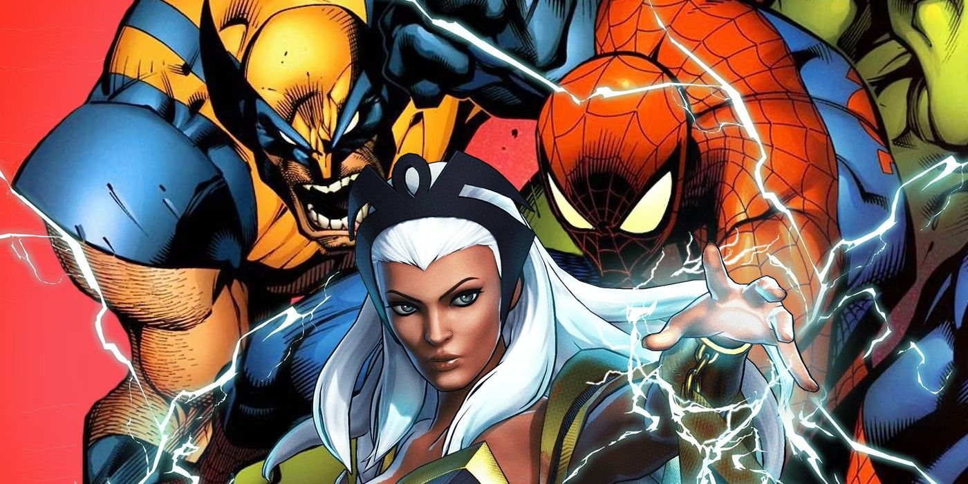 Storm (foreground, center) summoning lightning; Wolverine (left) and Spider-Man (right) behind her