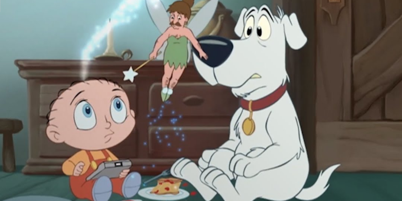 Stewie and Brian in a Disney universe in Road To The Multiverse with a fake Tinkerbell