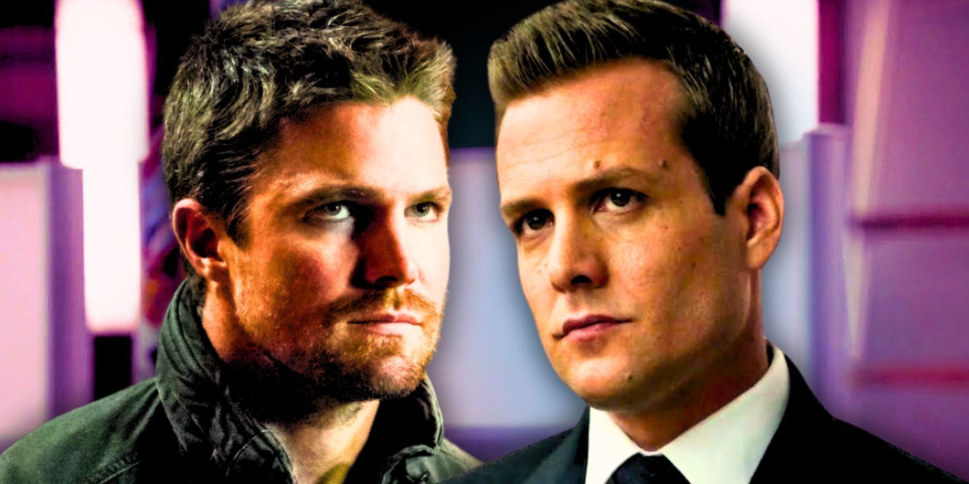 Stephen Amell as Oliver Queen and Gabriel Macht as Harvey Specter