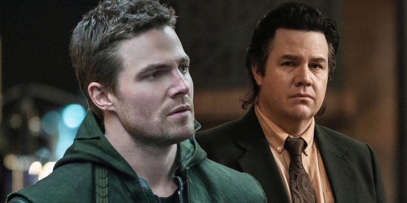 A composite image of Stephen Amell looking on with Josh McDermitt looking toward the camera
