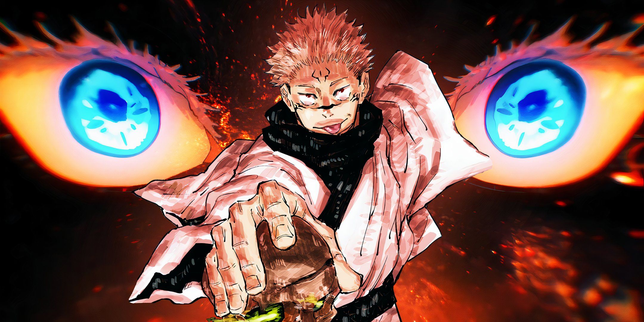 Sukuna from jujutsu kaisen with his hand on a skull smiling and sticking his tongue out with gojo's eyes in the background