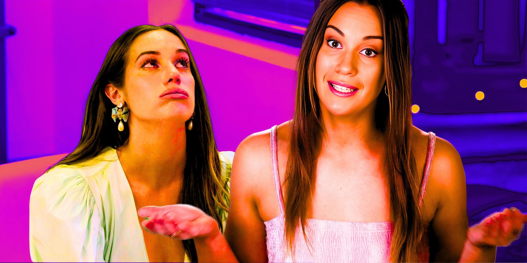 summe house star hannah berner in a montage featuring two poses one happy and one unhappy with pink and purple background