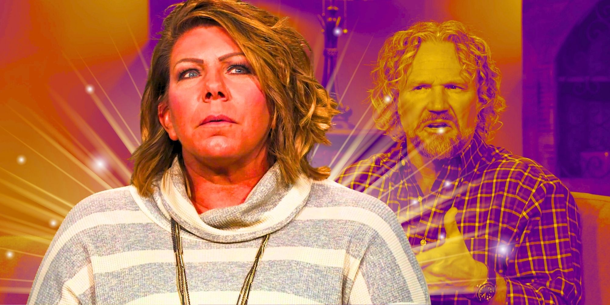 Sister Wives' Meri Brown with kody behind her with purple, red, and yellow filtered background