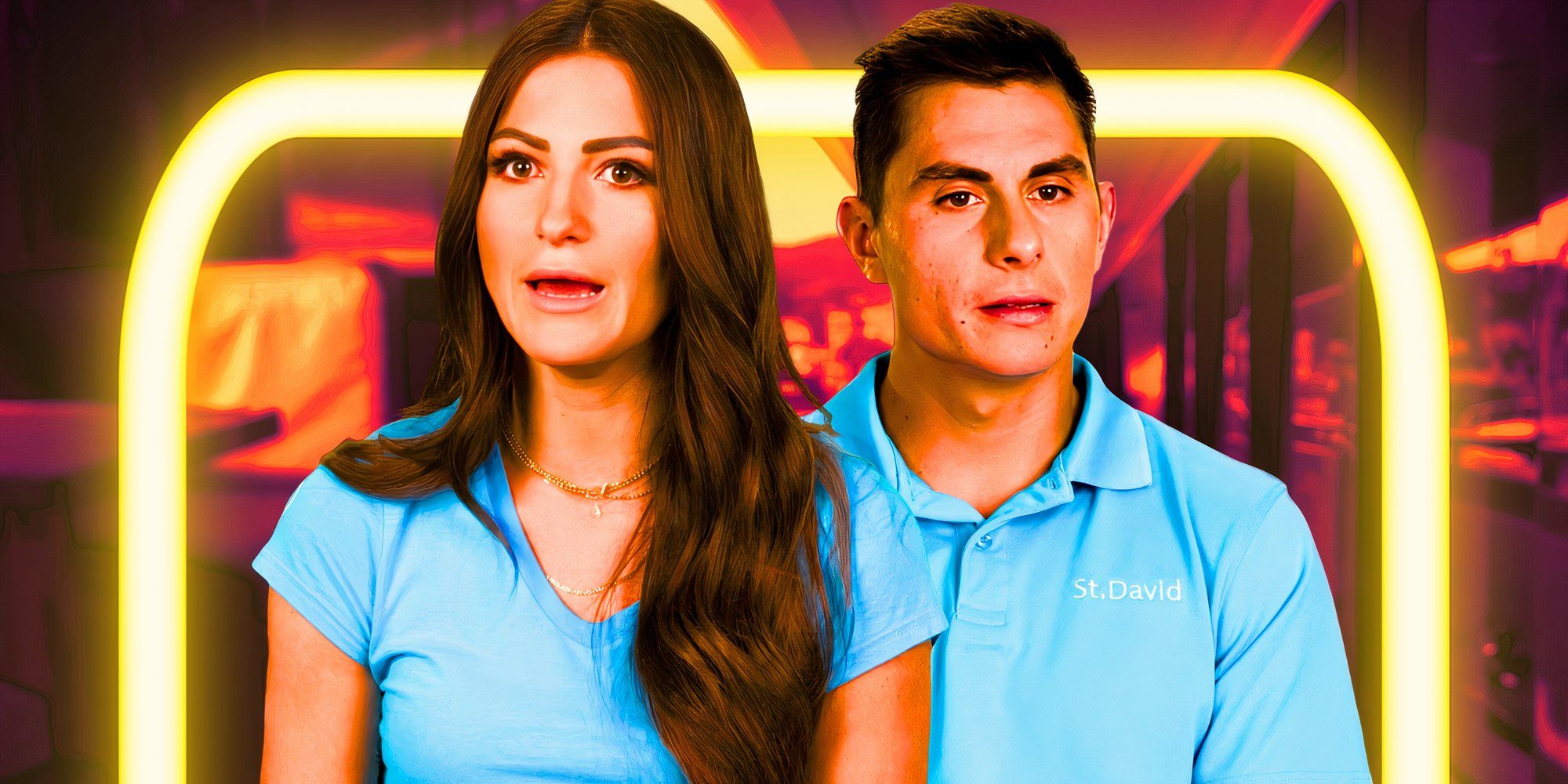 below deck's barbie and kyle side by side in the blue uniforms with red and yellow background
