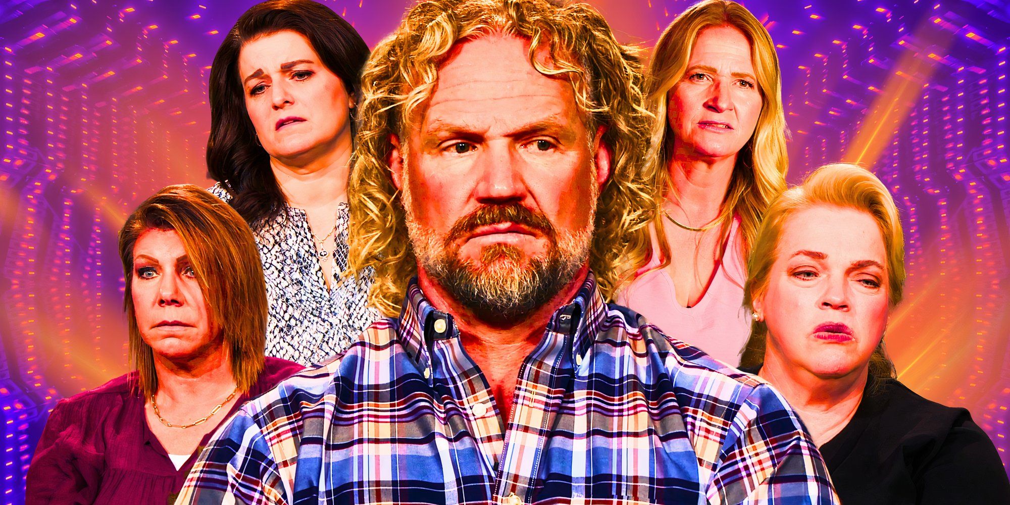 Sister wives' Kody Brown looking sad with his four wives behind him also sad