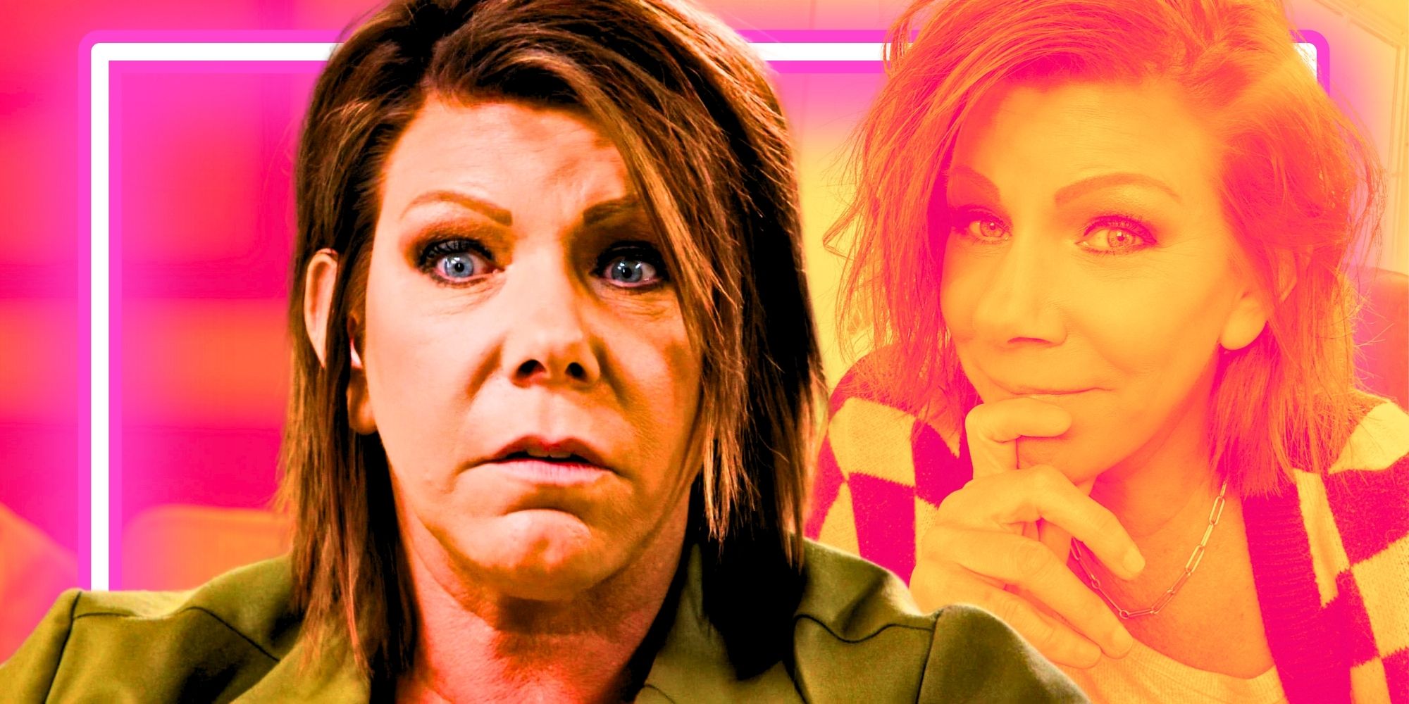 Sister Wives montage of Meri looking serious and happy pink and orange filtered background