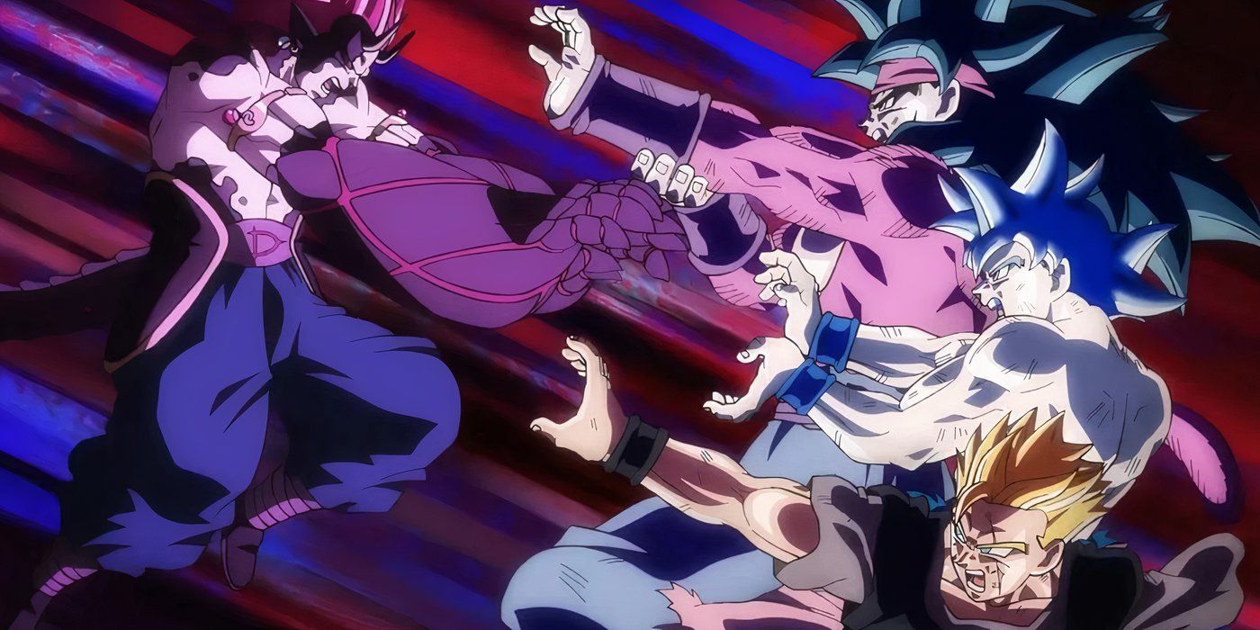 Image from super dragon ball heroes anime shows Super SAiyan 4 Goku, Ultra Instinct Goku and Future Future Gohan working together to attack a demon foe.