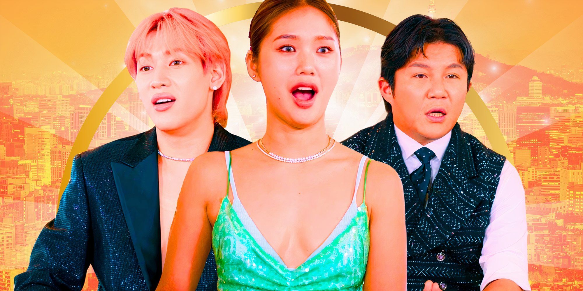 Korean Super Rich Montage featuring three cast members with surprised expressions and a yellow background