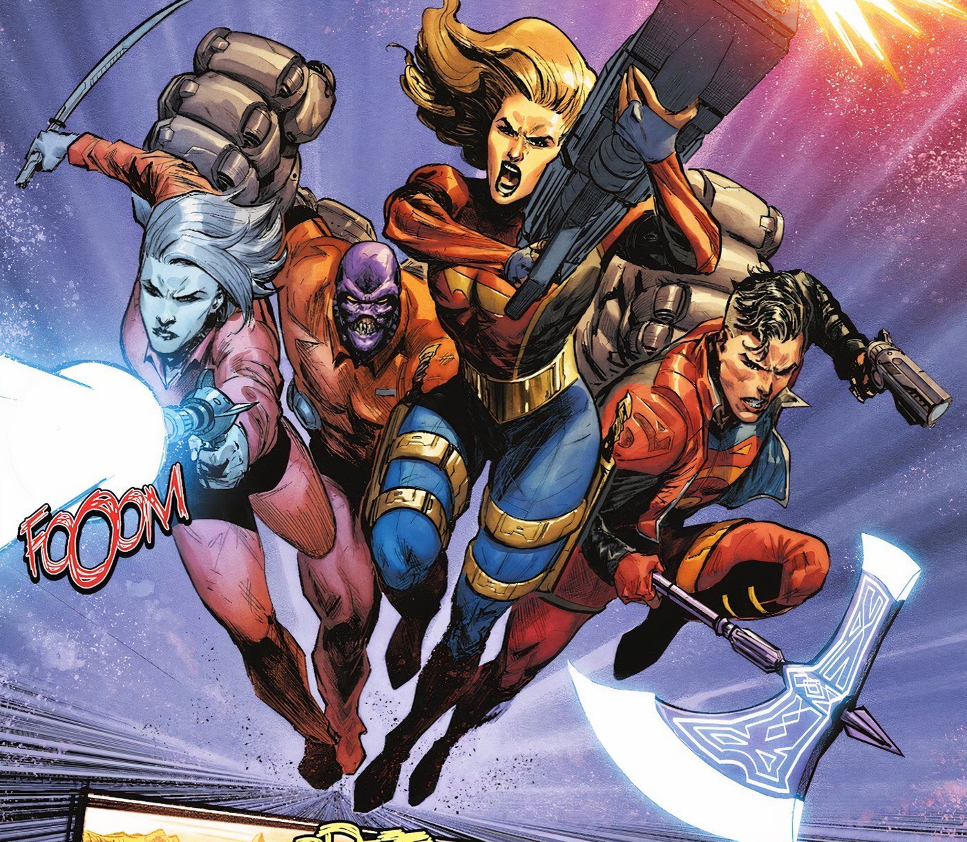Superboy e Supergirl escapando de Brainiac com suas novas armas em Action Comics 1065