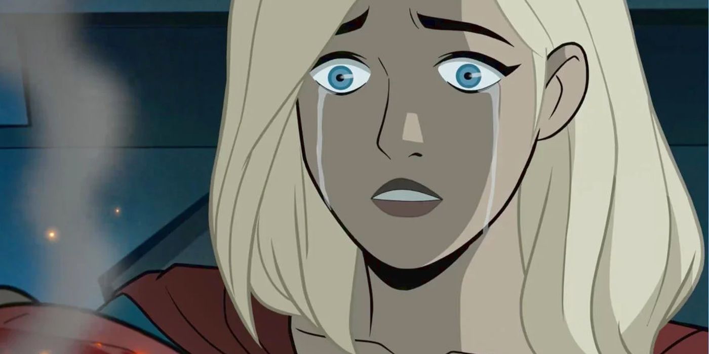 Supergirl chorando sobre o corpo do Monitor em Crise nas Infinitas Terras Parte 2