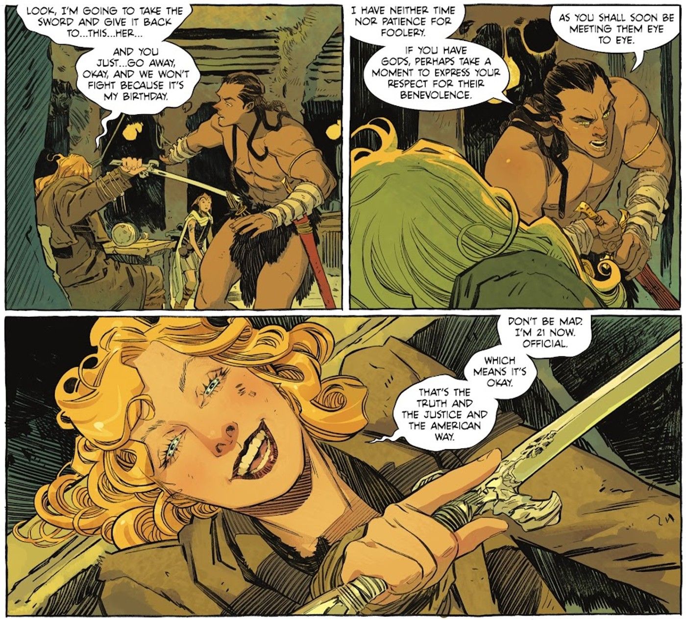 Comic book panels: Supergirl drinks on her 21st birthday in an alien bar.