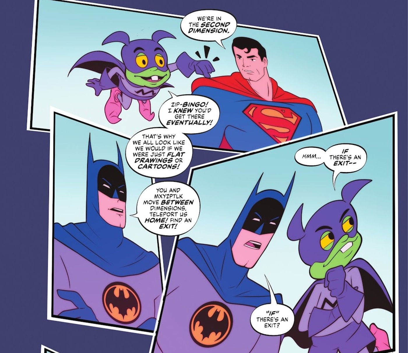 Painéis de quadrinhos: Superman, Batman e Bat-Mite no estilo do desenho animado Super Friends dos anos 70.